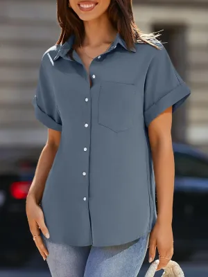 Beautife Womens Short Sleeve Shirts V Neck Collared Button Down Shirt Tops with Pockets