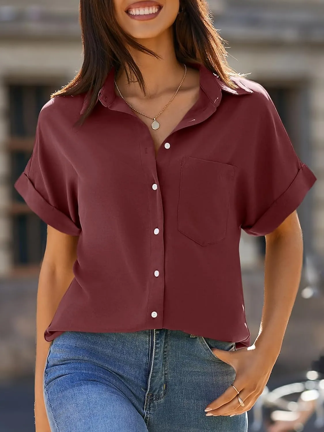 Beautife Womens Short Sleeve Shirts V Neck Collared Button Down Shirt Tops with Pockets
