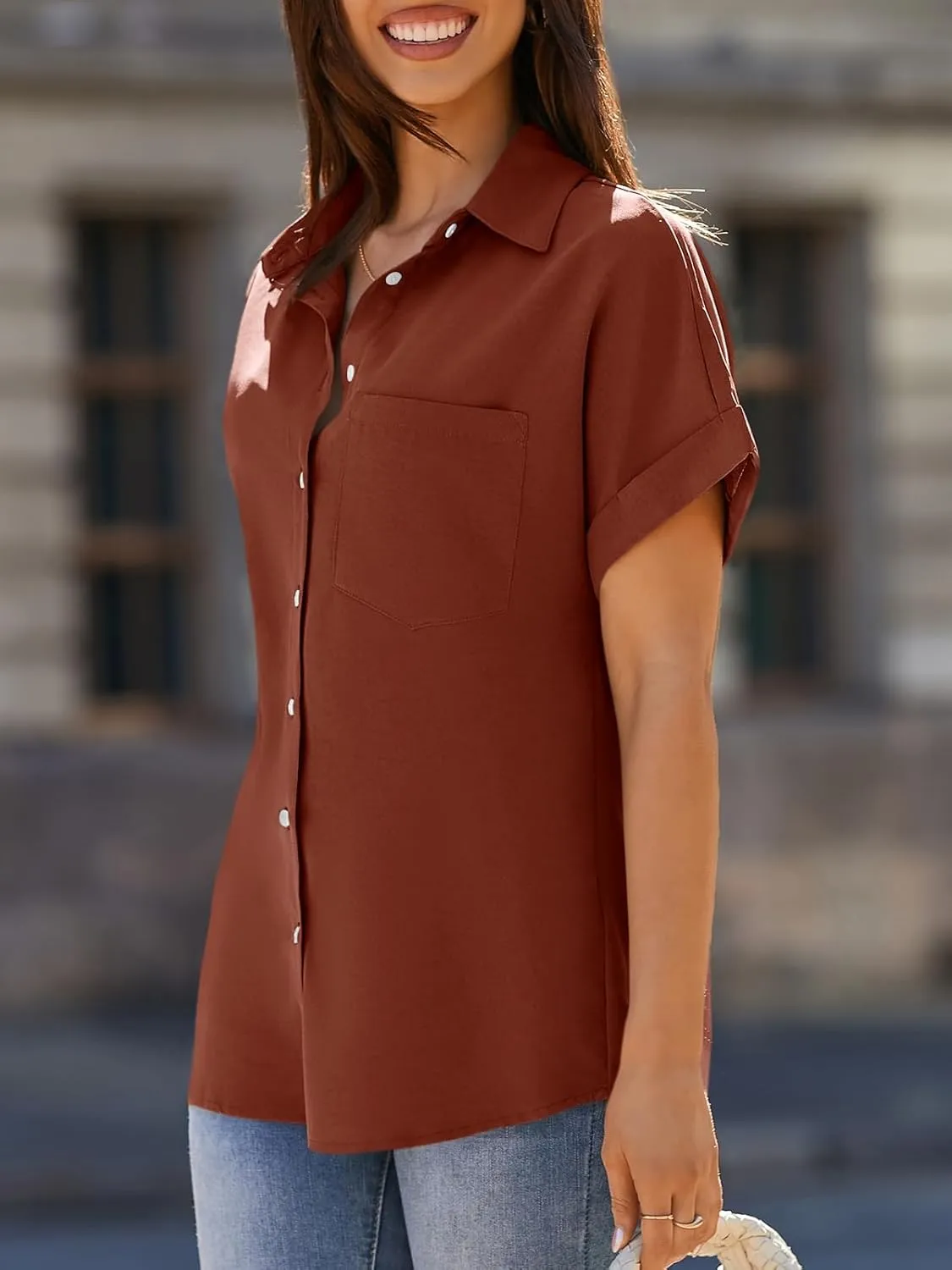 Beautife Womens Short Sleeve Shirts V Neck Collared Button Down Shirt Tops with Pockets