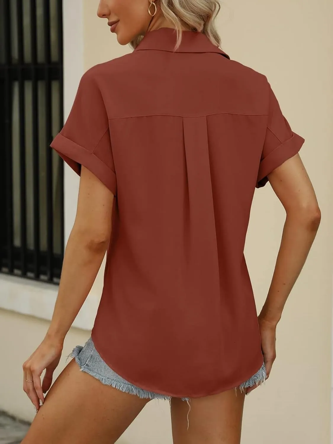 Beautife Womens Short Sleeve Shirts V Neck Collared Button Down Shirt Tops with Pockets