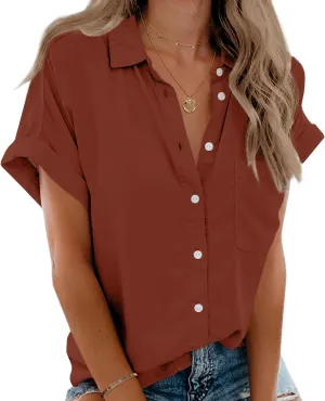 Beautife Womens Short Sleeve Shirts V Neck Collared Button Down Shirt Tops with Pockets