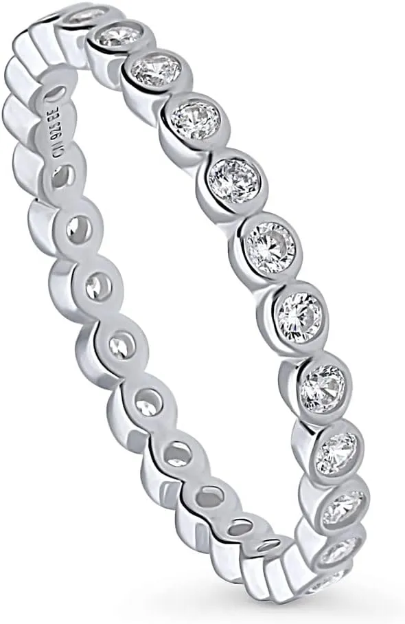 BERRICLE Sterling Silver CZ Bubble Wedding Bridal Rings for Women, Bezel Set Round Cut Cubic Zirconia, Eternity Band in Milgrain/Classic Design, Yellow Gold/Rhodium Plated