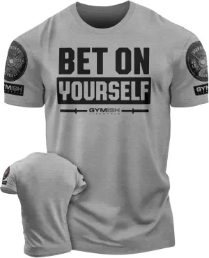 Bet On Yourself Weightlifting Workout T-Shirt, Motivational Gym Short Sleeve Shirts for Men