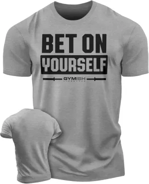 Bet On Yourself Weightlifting Workout T-Shirt, Motivational Gym Short Sleeve Shirts for Men