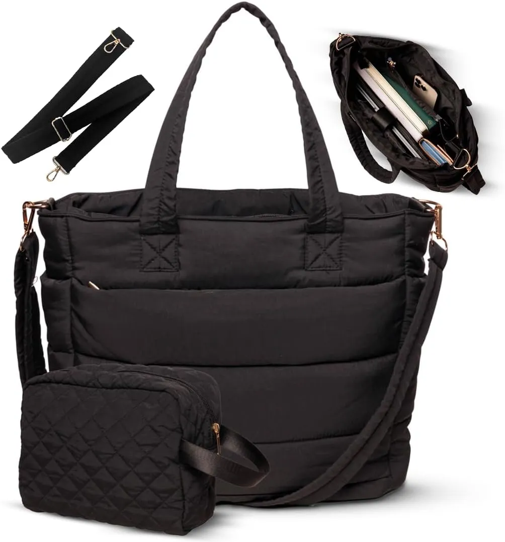 Black Quilted Puffer Tote Bag for Women Work Travel Gym - Puffer Crossbody Bag Waterproof Carry All Soft Puffy Tote with Zipper, Pockets, Laptop Slot, Luggage Sleeve  Puffer Purse USA Brand