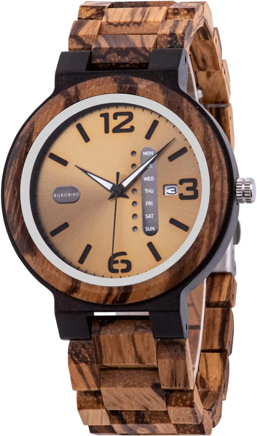 BOBO BIRD Week and Date Multi-Functional Display Men's Zebra Wooden Quartz Watch Lightweight Handmade Casual Wristwatches with Gift Box