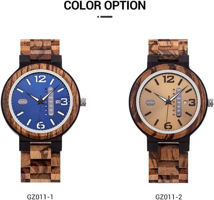 BOBO BIRD Week and Date Multi-Functional Display Men's Zebra Wooden Quartz Watch Lightweight Handmade Casual Wristwatches with Gift Box