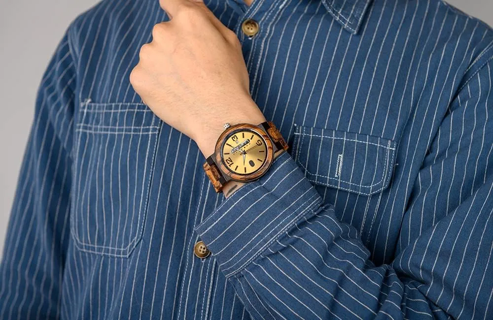 BOBO BIRD Week and Date Multi-Functional Display Men's Zebra Wooden Quartz Watch Lightweight Handmade Casual Wristwatches with Gift Box