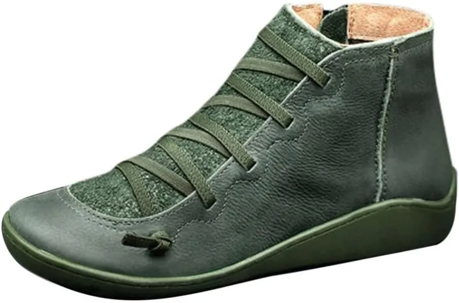 Boots for Women Ankle Boots for Women Round Toe Flat No Heel Comfortable Lace up Rubber Sole Side Zipper Women Boots