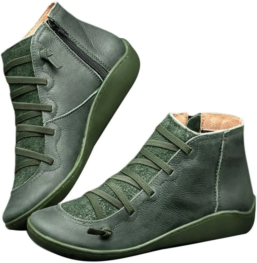 Boots for Women Ankle Boots for Women Round Toe Flat No Heel Comfortable Lace up Rubber Sole Side Zipper Women Boots