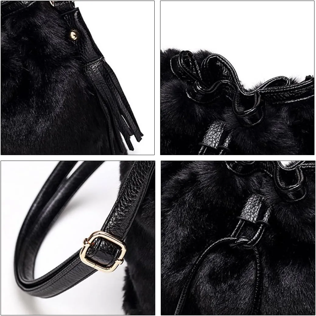 Buddy Bucket Bag Women Faux Fur Drawstring Handbag Crossbody Shoulder Purse