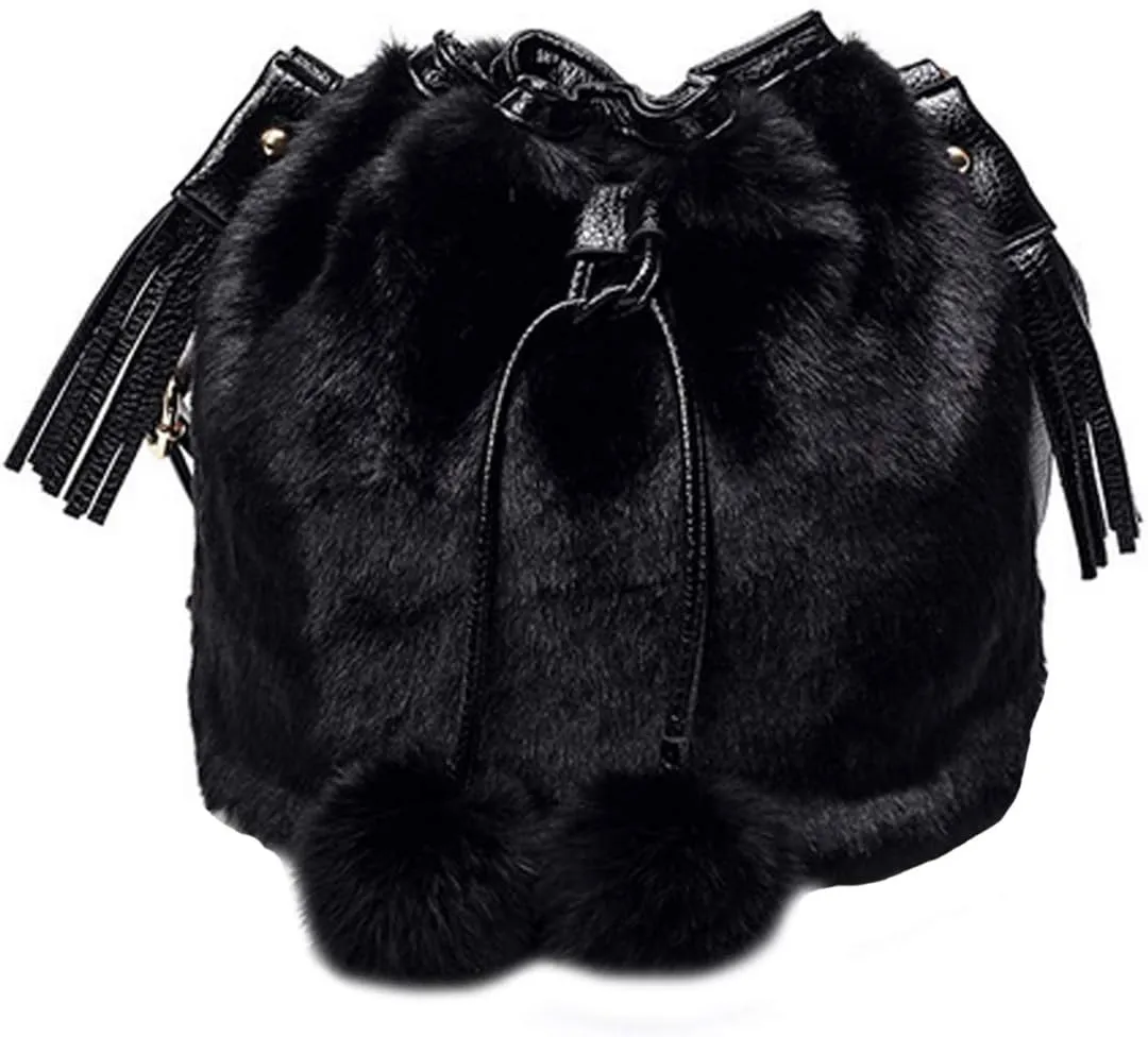 Buddy Bucket Bag Women Faux Fur Drawstring Handbag Crossbody Shoulder Purse