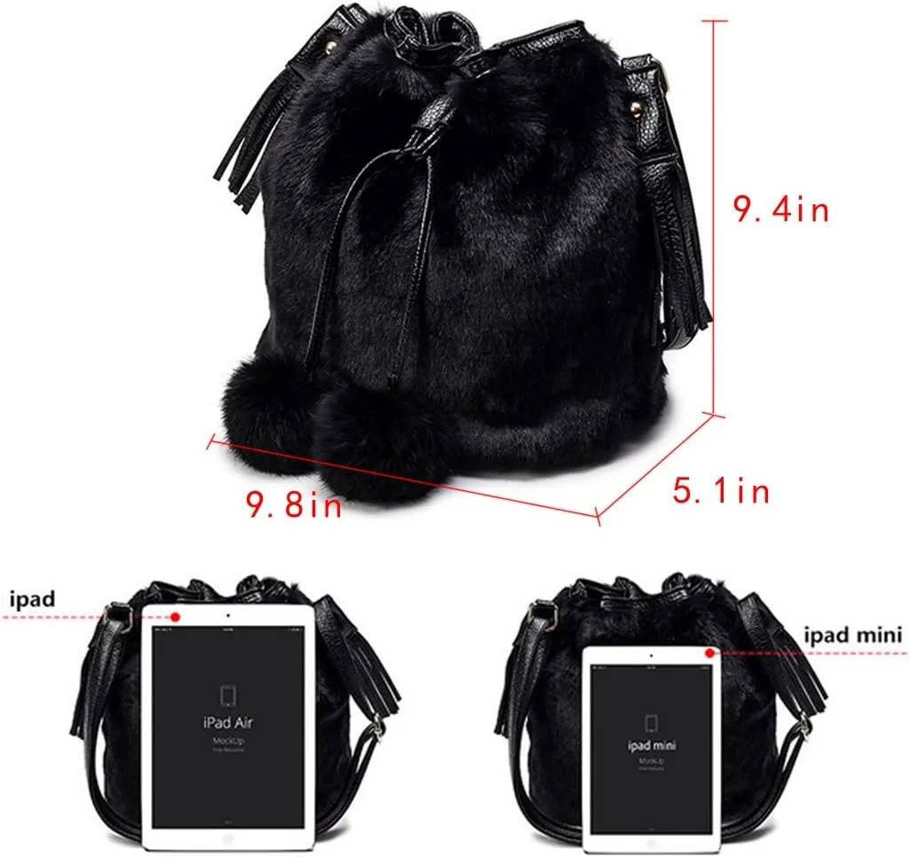 Buddy Bucket Bag Women Faux Fur Drawstring Handbag Crossbody Shoulder Purse