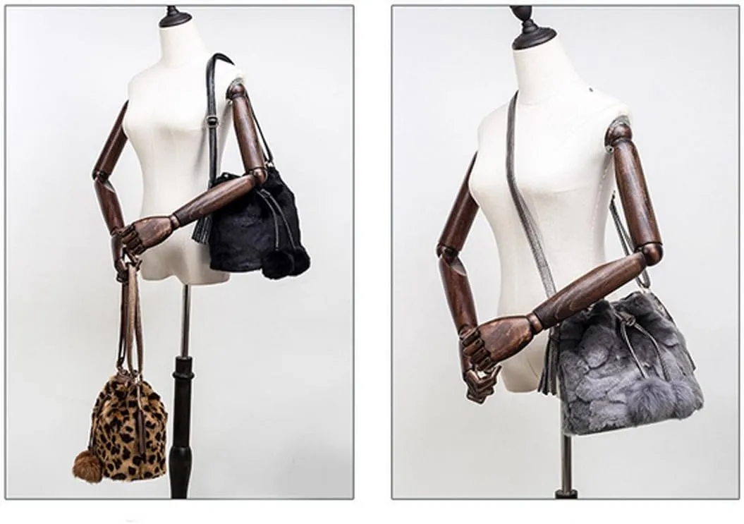 Buddy Bucket Bag Women Faux Fur Drawstring Handbag Crossbody Shoulder Purse