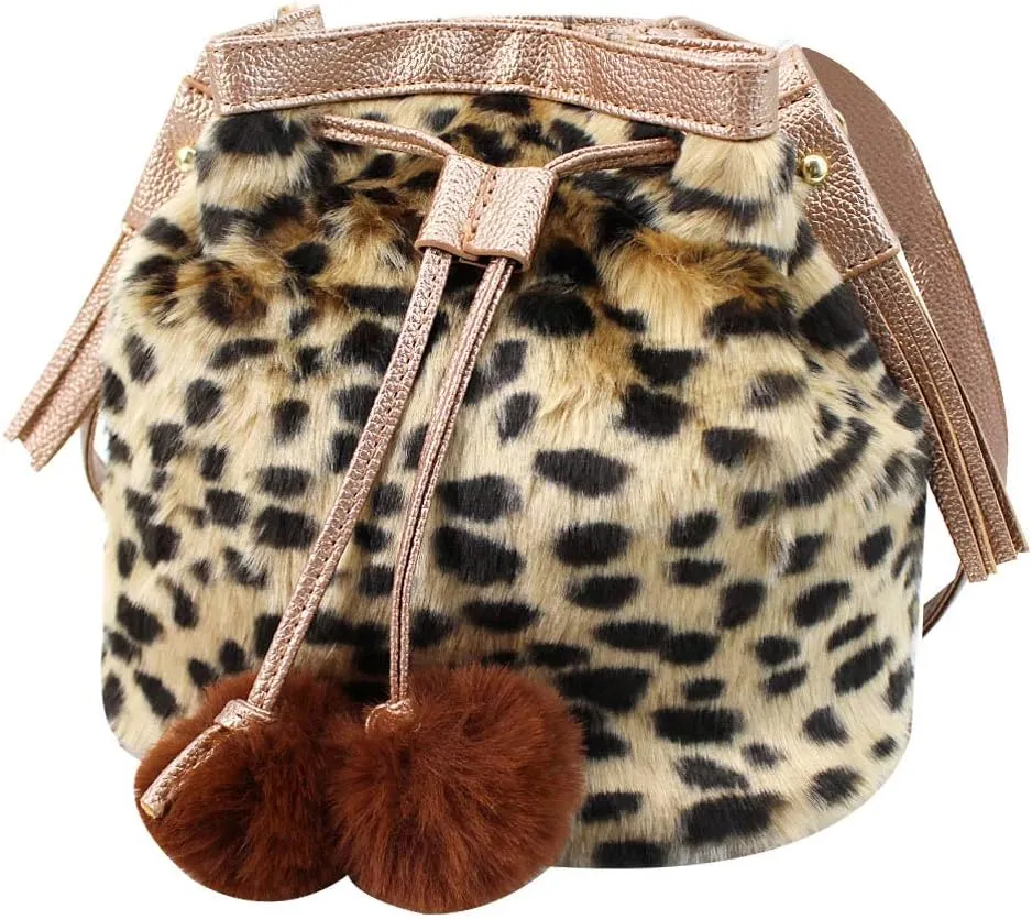 Buddy Bucket Bag Women Faux Fur Drawstring Handbag Crossbody Shoulder Purse