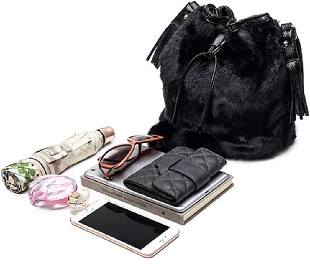 Buddy Bucket Bag Women Faux Fur Drawstring Handbag Crossbody Shoulder Purse