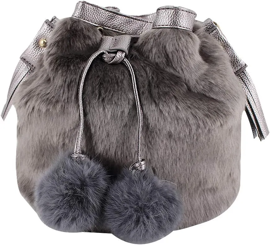Buddy Bucket Bag Women Faux Fur Drawstring Handbag Crossbody Shoulder Purse