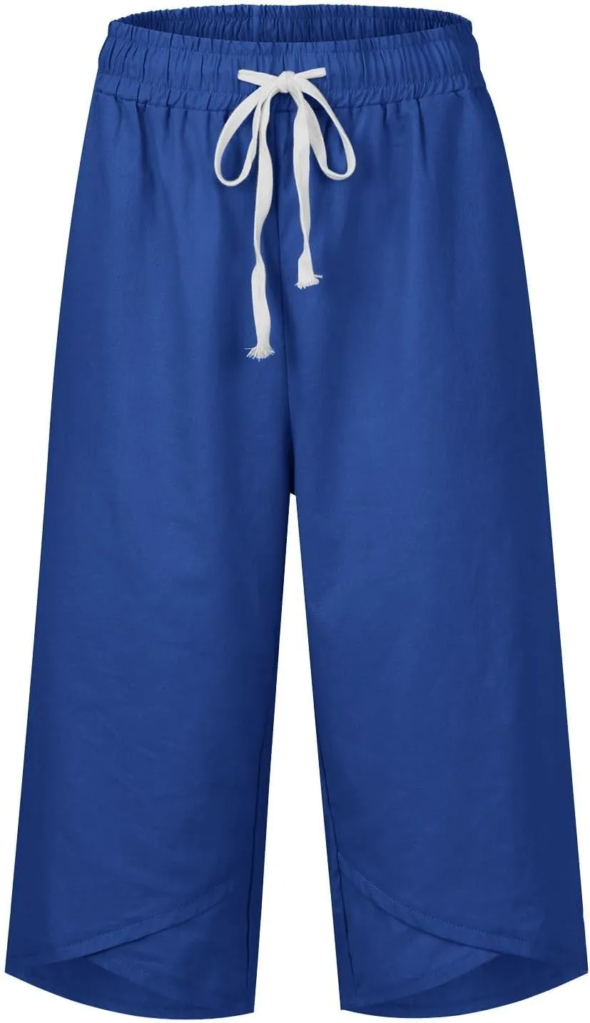 Capri Pants for Women Casual Lightweight Drawstring Waist Pedal Pushers Comfy Ruffle Hem Lounge Pants with Pockets
