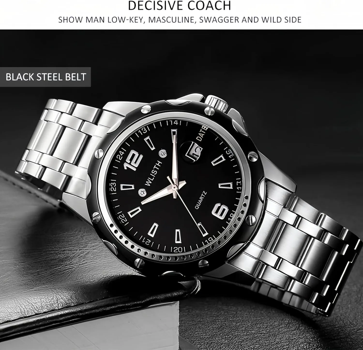 CARLIEN Mens Classic Luxury Business Work Stainless Steel Band Analog Quartz Watch Date Calendar Luminous Dress Unique Waterproof Wrist Watches