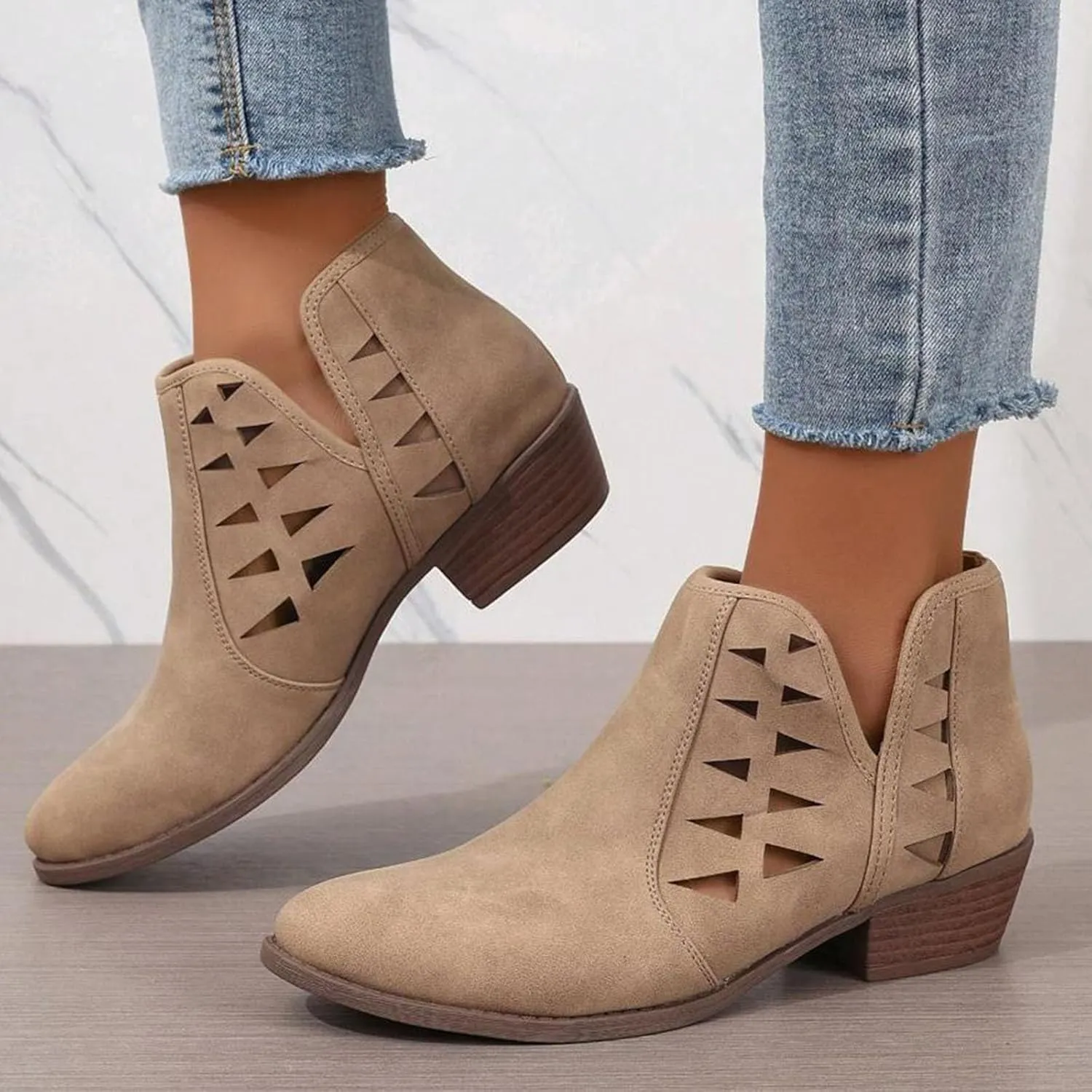 Cathalem Womens Ankle Booties, Womens Perforated Cut Out Stacked Block Heel Ankle Booties Womens Boots Fall 2024