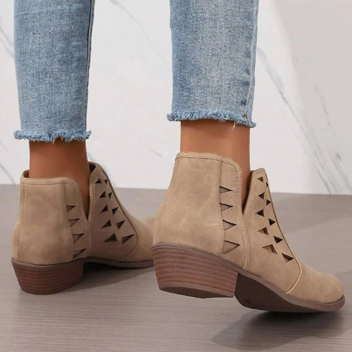 Cathalem Womens Ankle Booties, Womens Perforated Cut Out Stacked Block Heel Ankle Booties Womens Boots Fall 2024