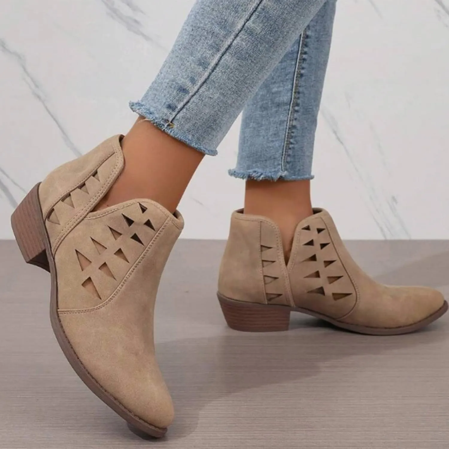 Cathalem Womens Ankle Booties, Womens Perforated Cut Out Stacked Block Heel Ankle Booties Womens Boots Fall 2024