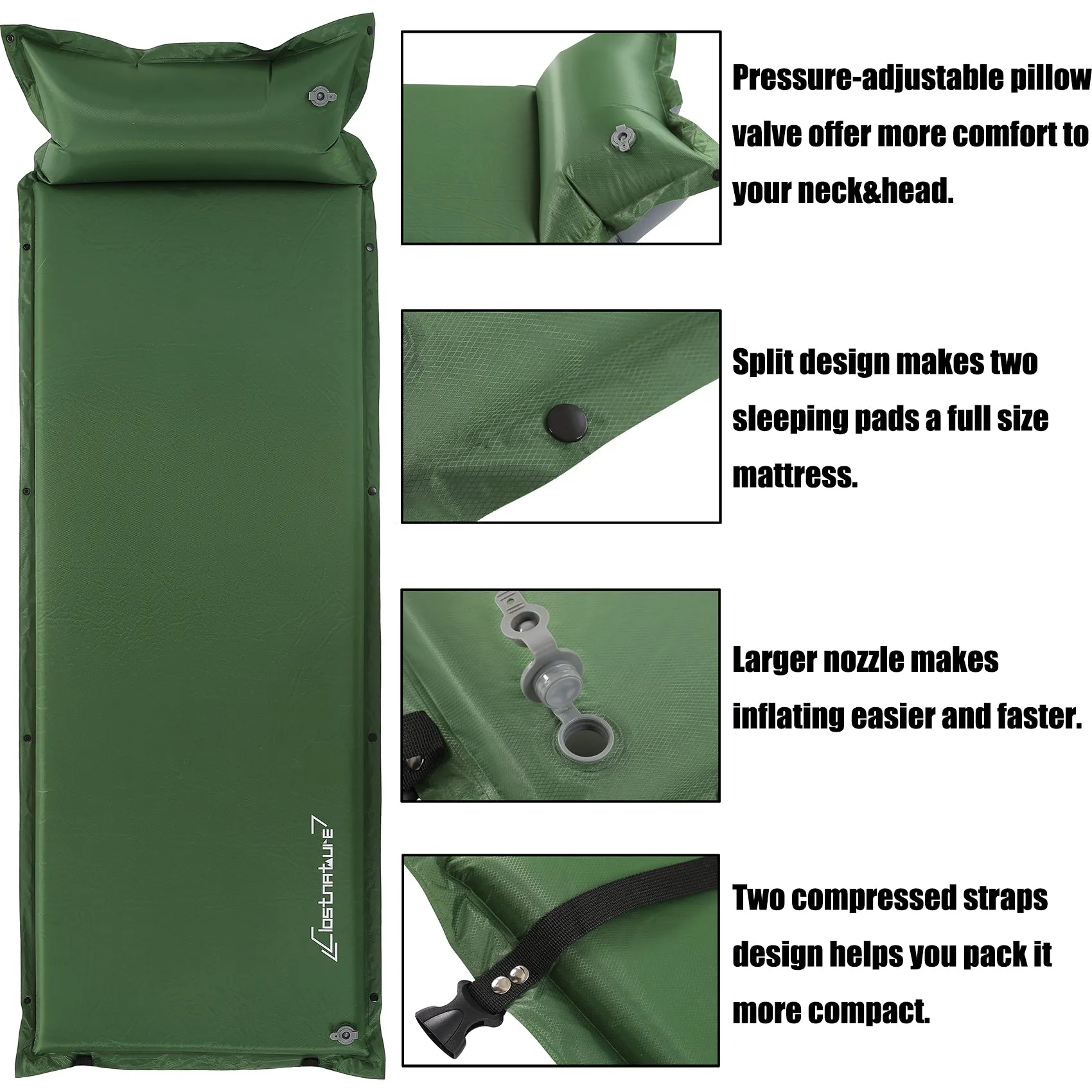 Clostnature Self Inflating Sleeping Pad for Camping - 1.5 inch/3.8cm Camping Pad, Lightweight Inflatable Sleeping Mat, Green