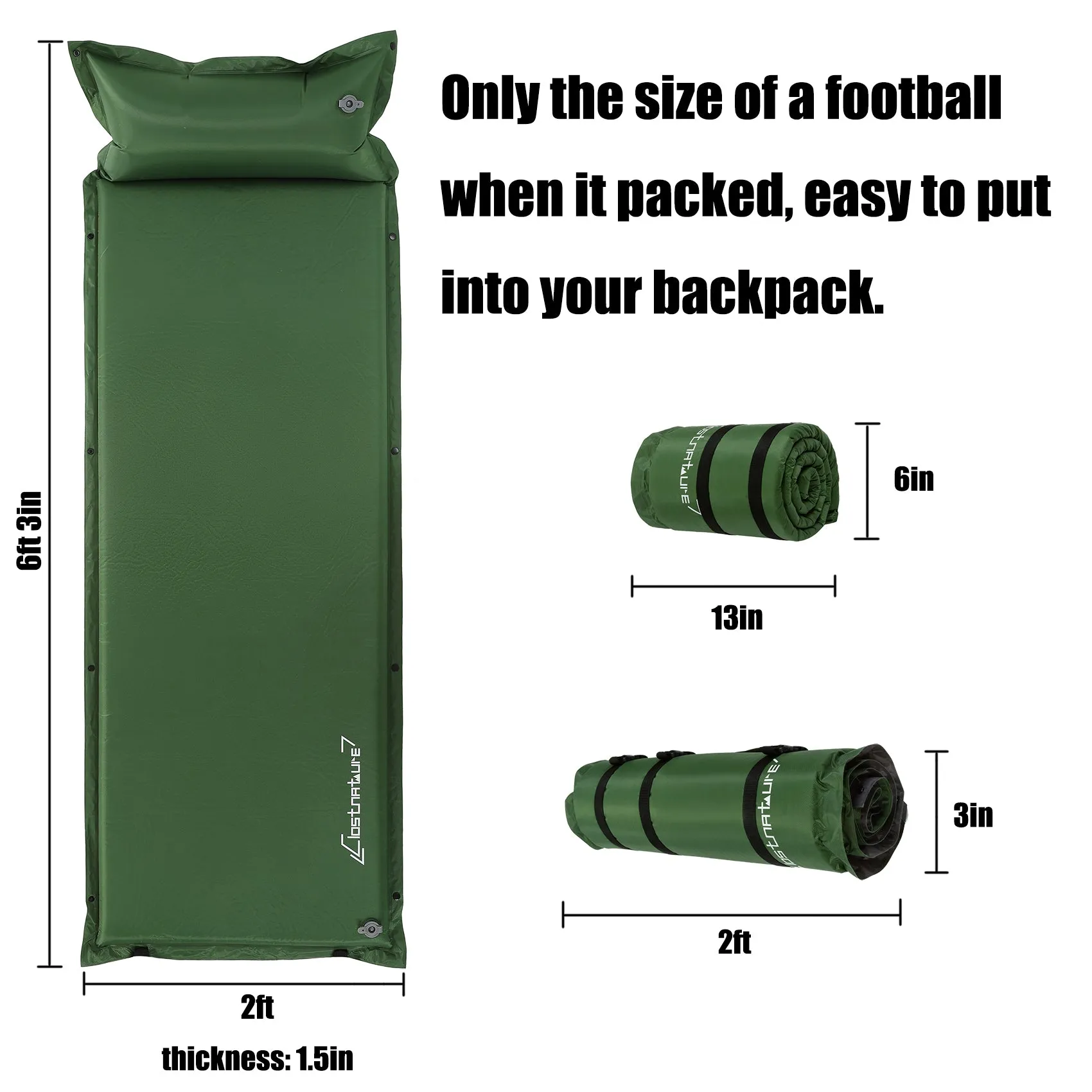 Clostnature Self Inflating Sleeping Pad for Camping - 1.5 inch/3.8cm Camping Pad, Lightweight Inflatable Sleeping Mat, Green