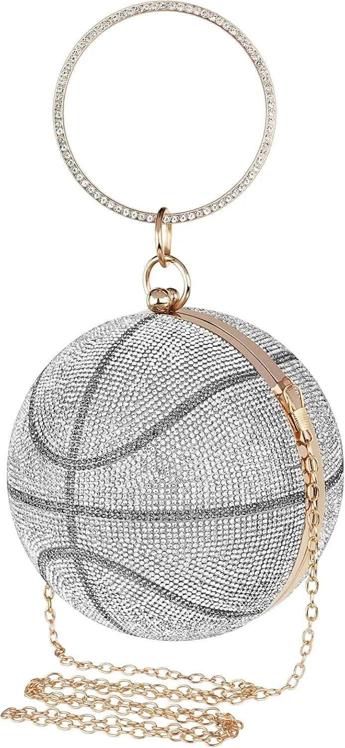 Clutch Purses for Women Evening, Small Basketball Rhinestone Lady Party Wedding Bag, Crossbody Shoulder Ring Handle Handbag (Not Compatible with Phones) (Silver)