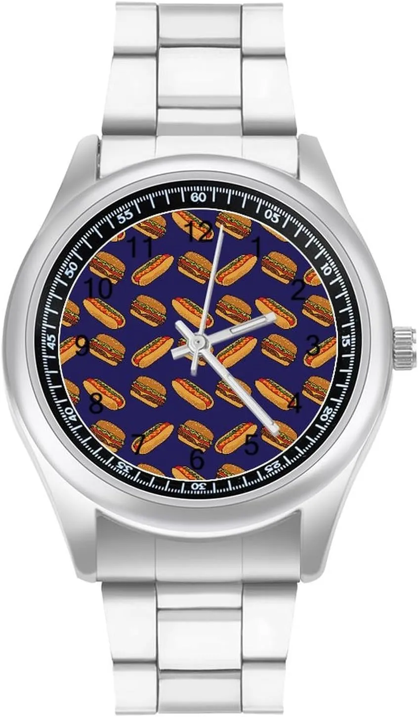 Colorful Hotdogs and Hamburgers Stainless Steel Strap Business Watches for Men Easy Reader Work Casual Watch