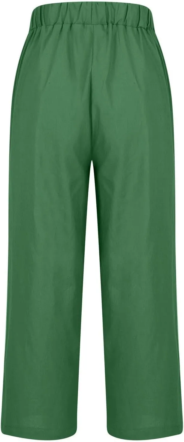 Cotton Linen Pants for Women Straight Leg Elastic Waist Pants Loose Fit Casual Trousers Plus Size Slack 2025 Fashion