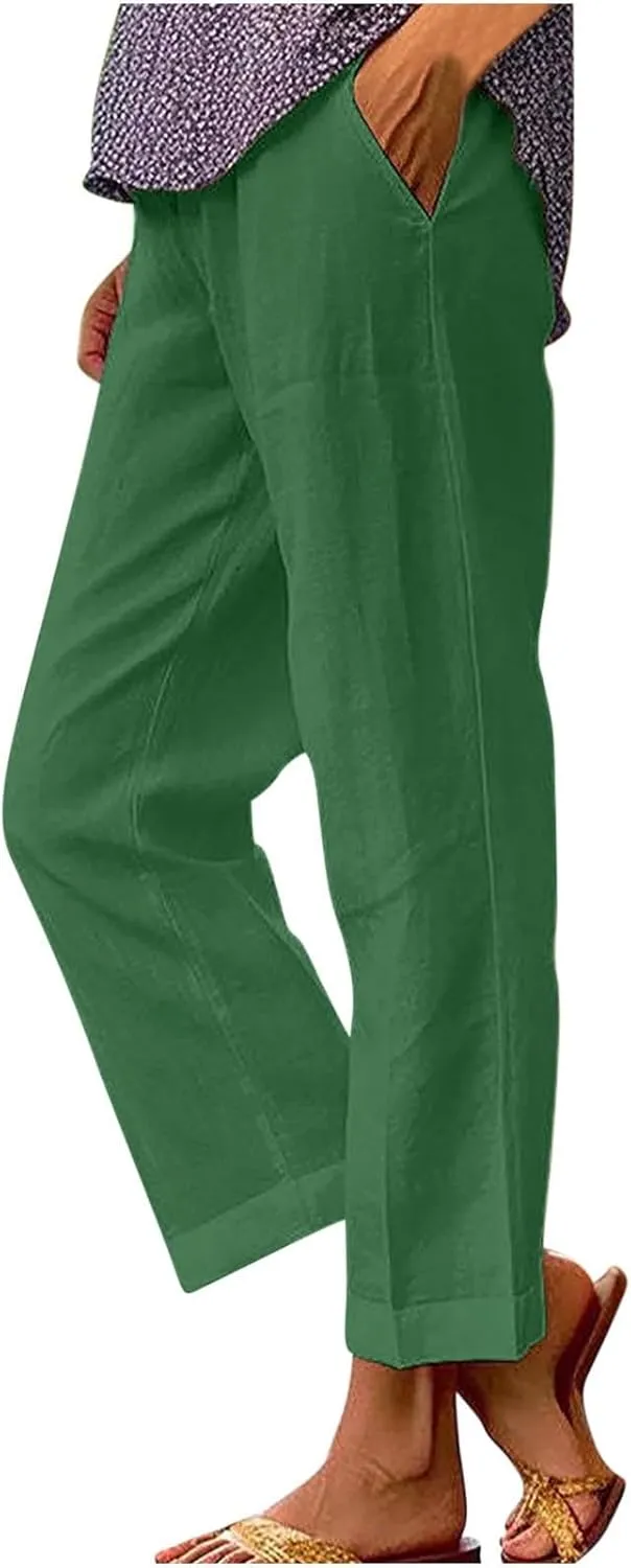 Cotton Linen Pants for Women Straight Leg Elastic Waist Pants Loose Fit Casual Trousers Plus Size Slack 2025 Fashion
