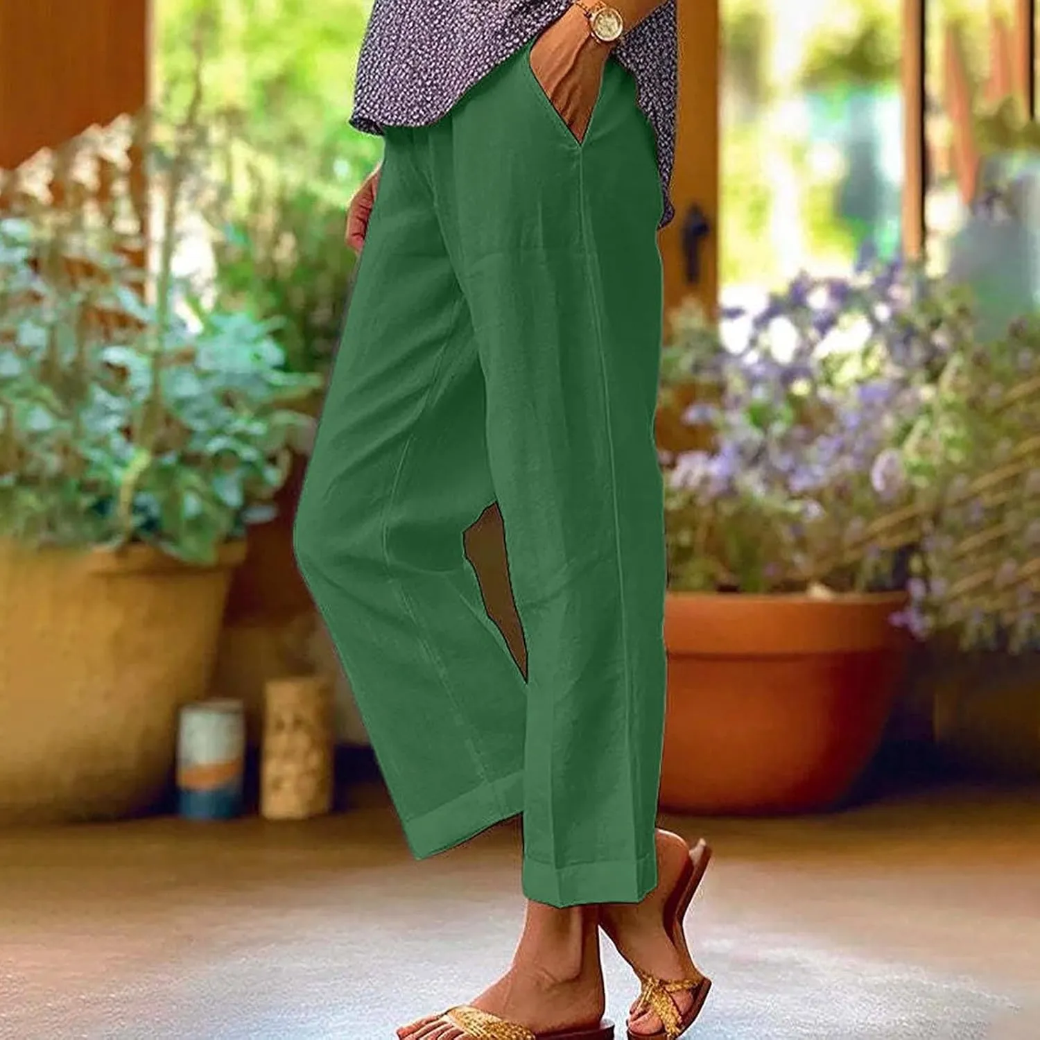 Cotton Linen Pants for Women Straight Leg Elastic Waist Pants Loose Fit Casual Trousers Plus Size Slack 2025 Fashion