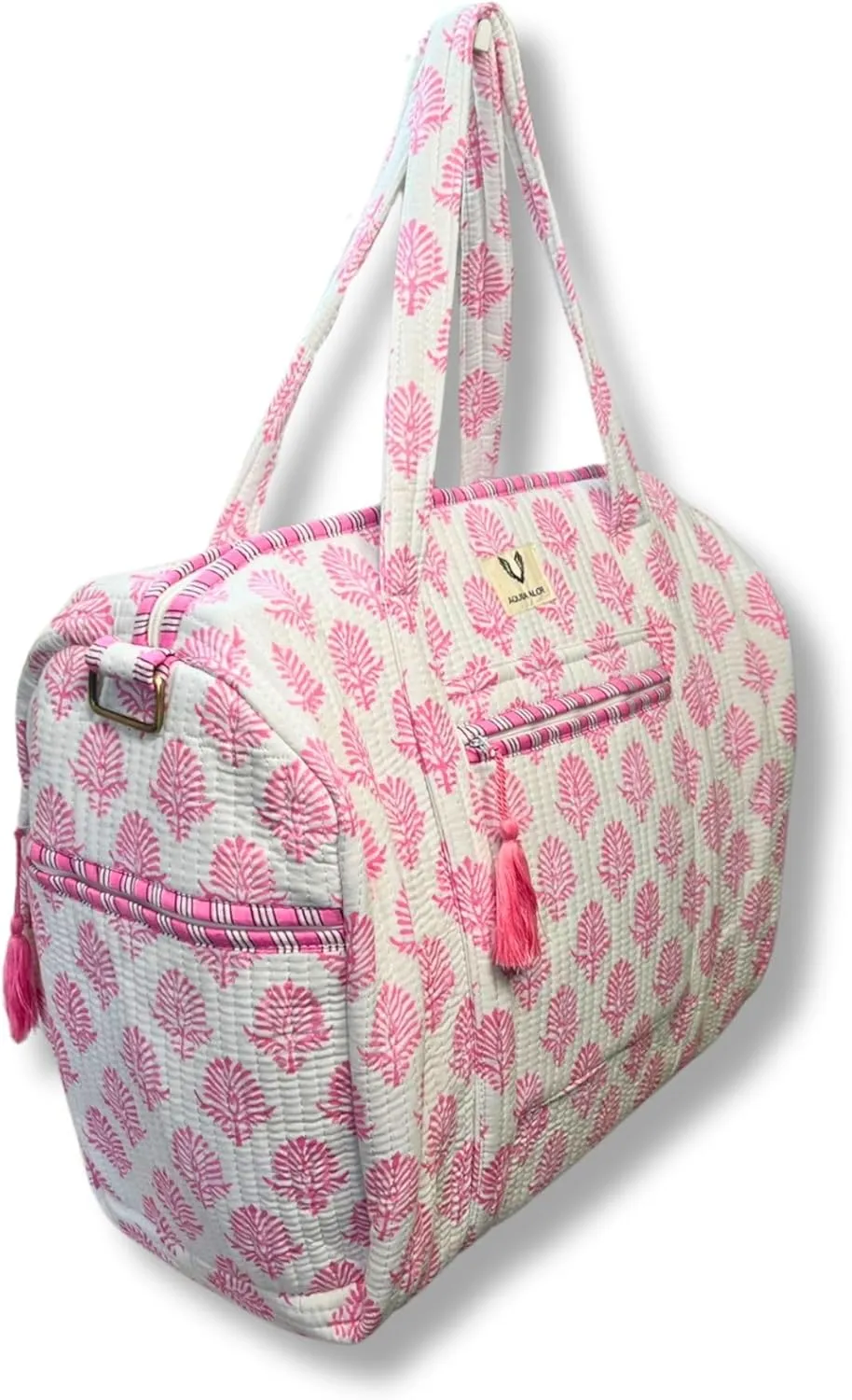 Cotton Weekender Duffel Bag- Hand Block Printed Travel Bag (Pink Whisper)
