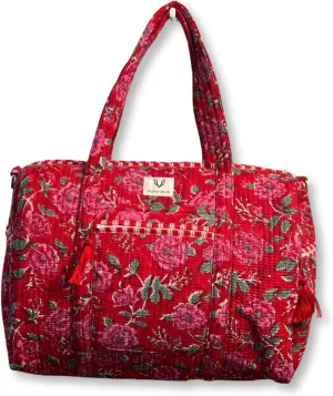 Cotton Weekender Duffel Bag- Hand Block Printed Travel Bag (Rosey Red)
