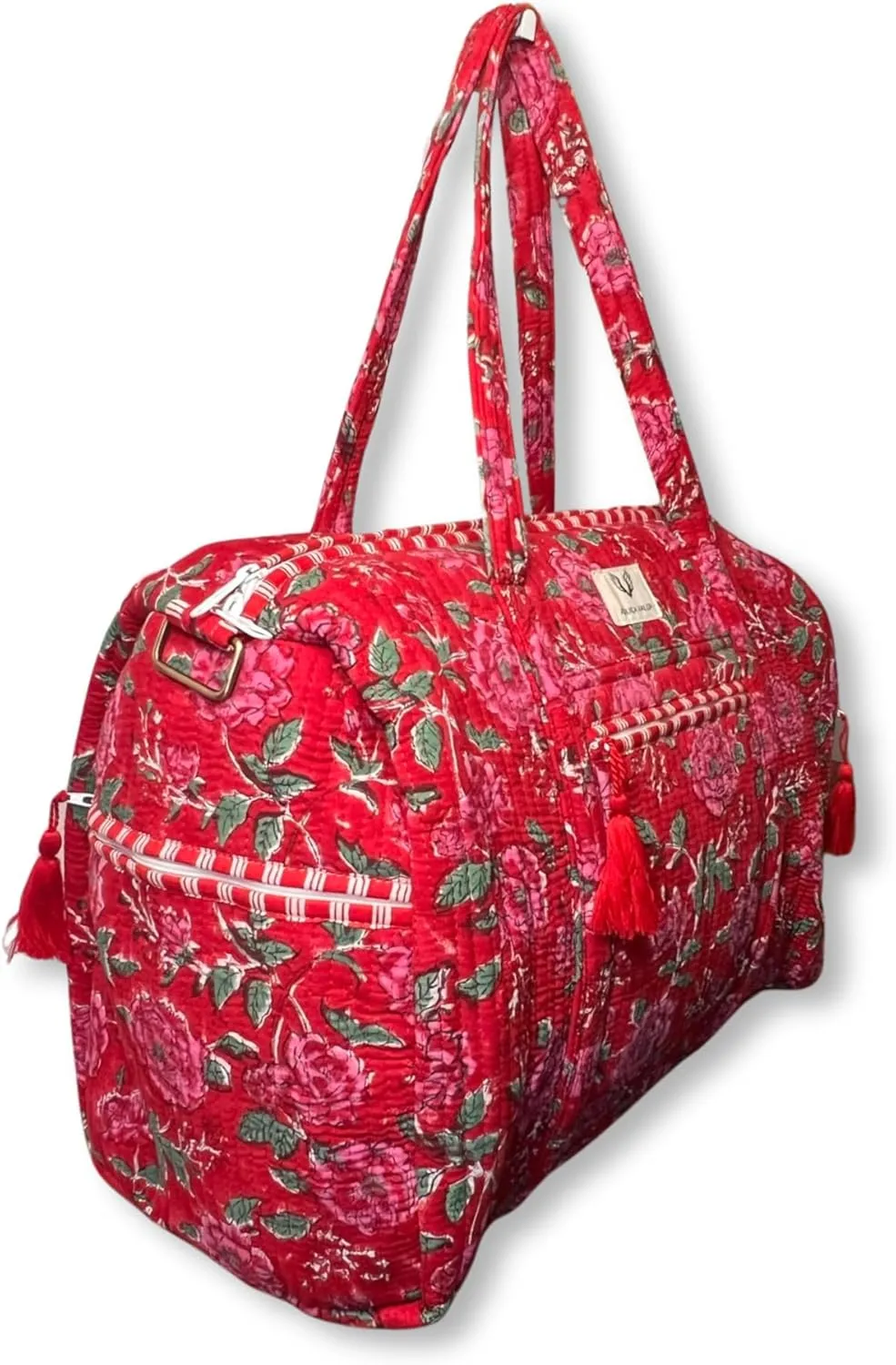 Cotton Weekender Duffel Bag- Hand Block Printed Travel Bag (Rosey Red)