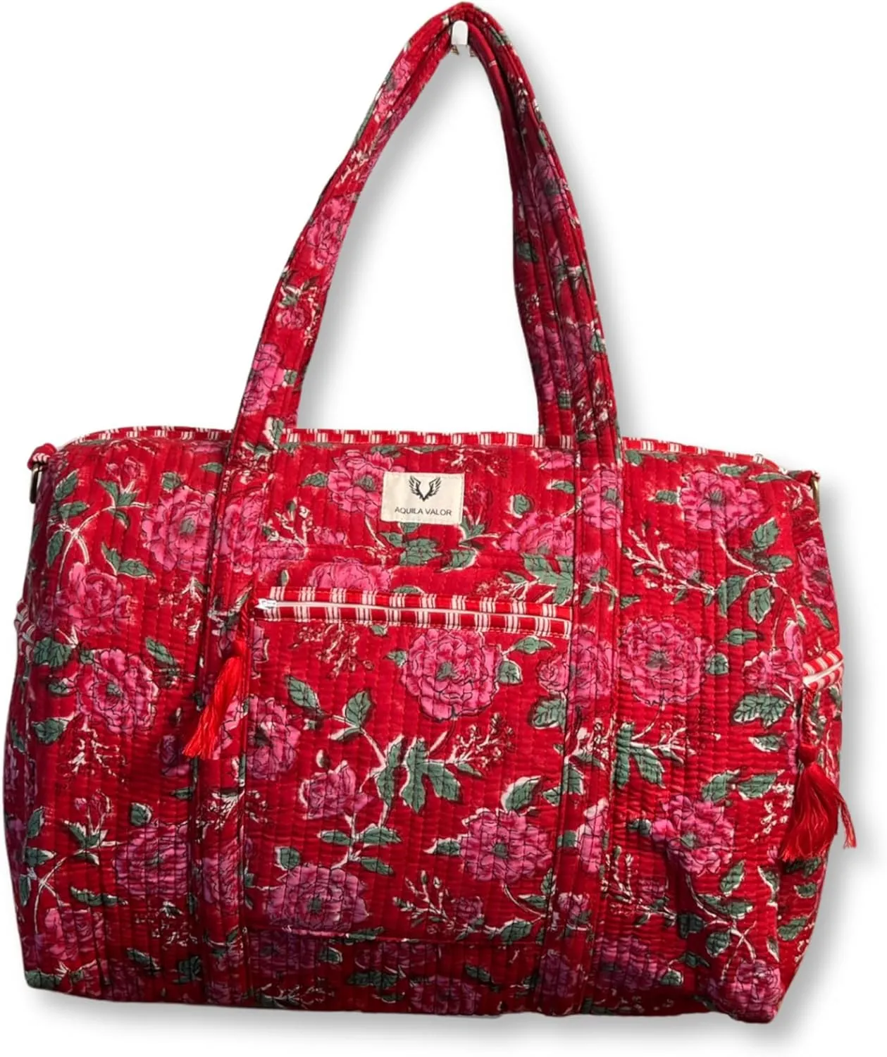 Cotton Weekender Duffel Bag- Hand Block Printed Travel Bag (Rosey Red)