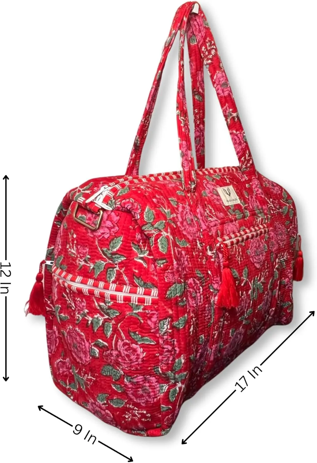 Cotton Weekender Duffel Bag- Hand Block Printed Travel Bag (Rosey Red)