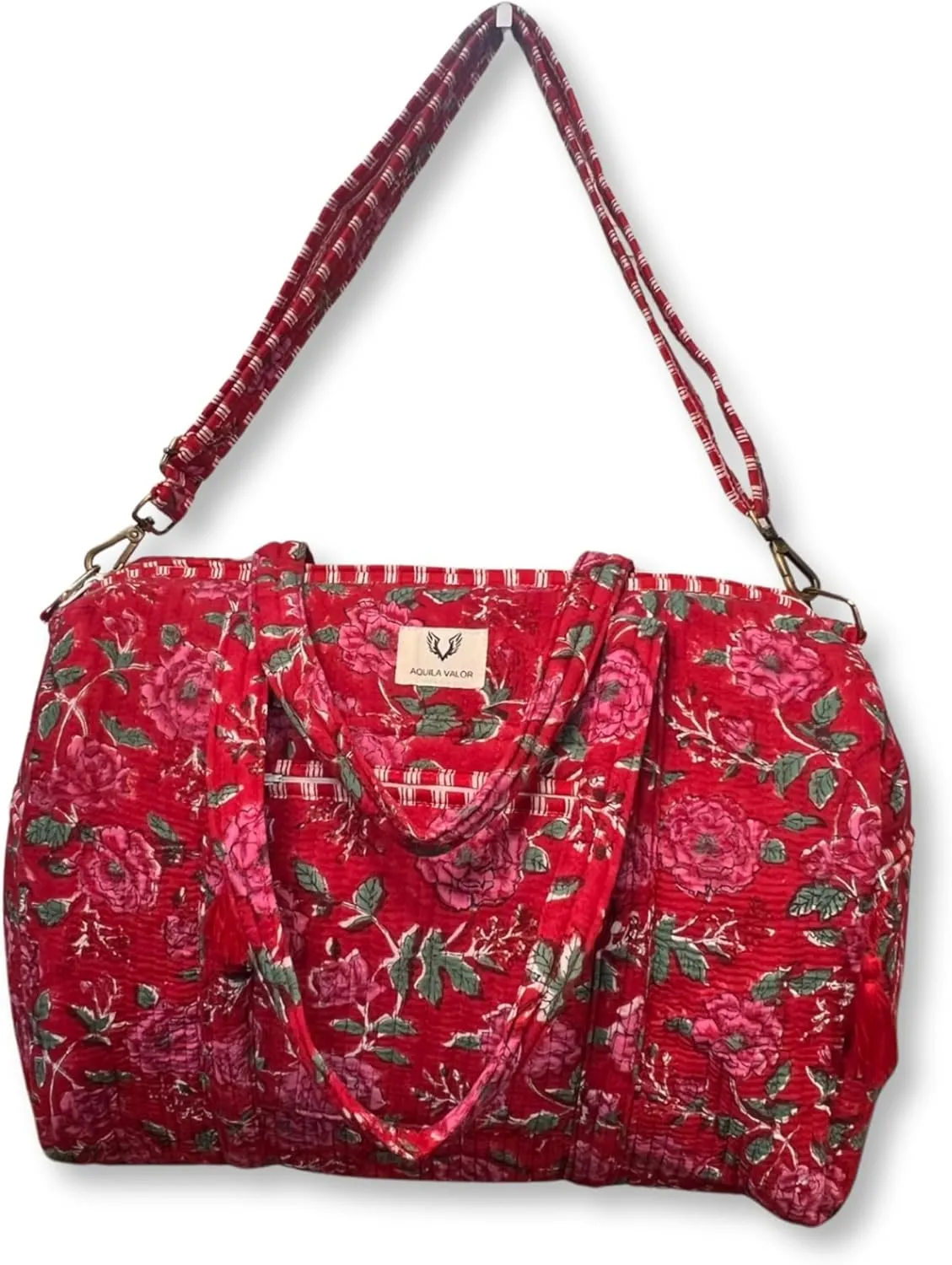 Cotton Weekender Duffel Bag- Hand Block Printed Travel Bag (Rosey Red)