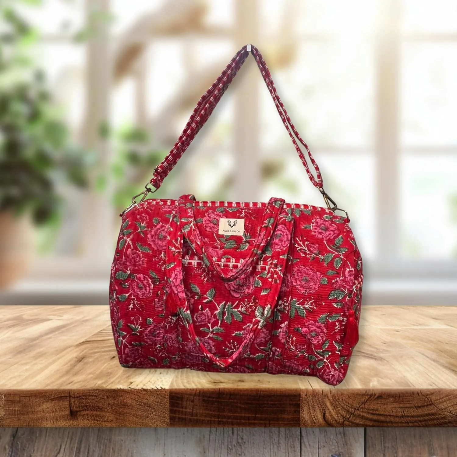 Cotton Weekender Duffel Bag- Hand Block Printed Travel Bag (Rosey Red)