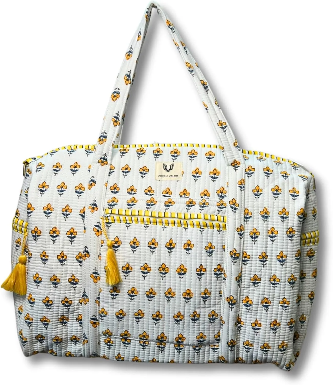 Cotton Weekender Duffel Bag- Hand Block Printed Travel Bag (Sunpetal)