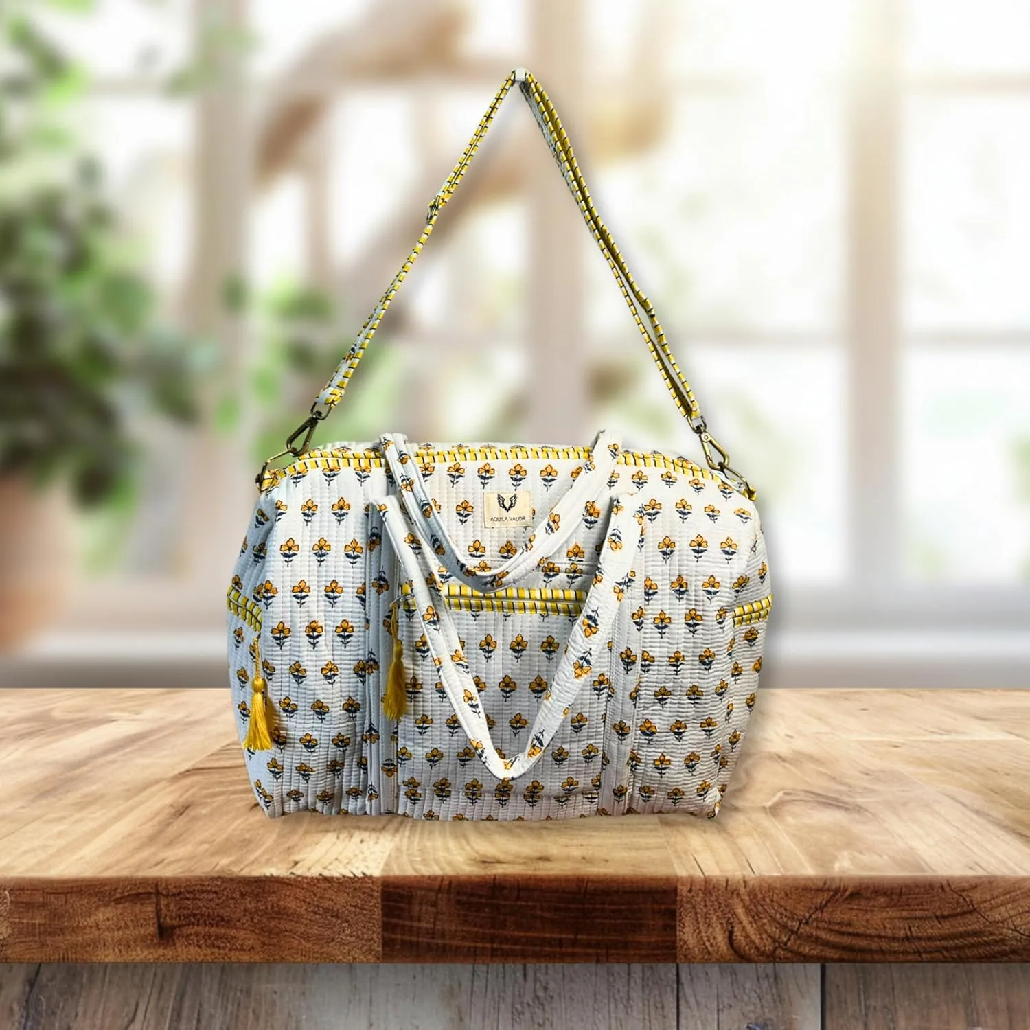 Cotton Weekender Duffel Bag- Hand Block Printed Travel Bag (Sunpetal)