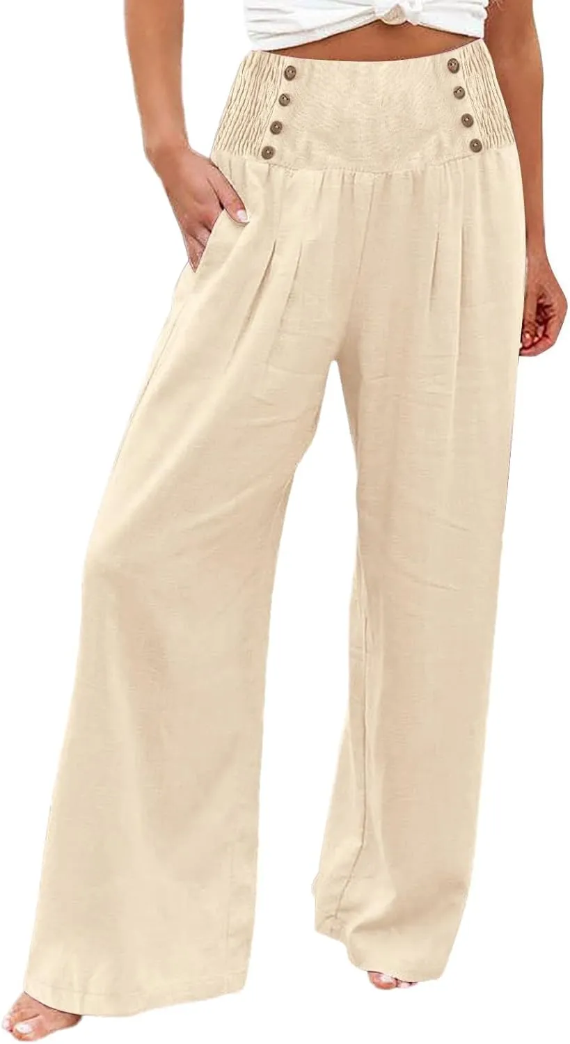 Cropped Linen Pants Women Versatile Summer Solid Wide Leg Trousers with Pockets High Waist Casual Cute Capris Long Pants