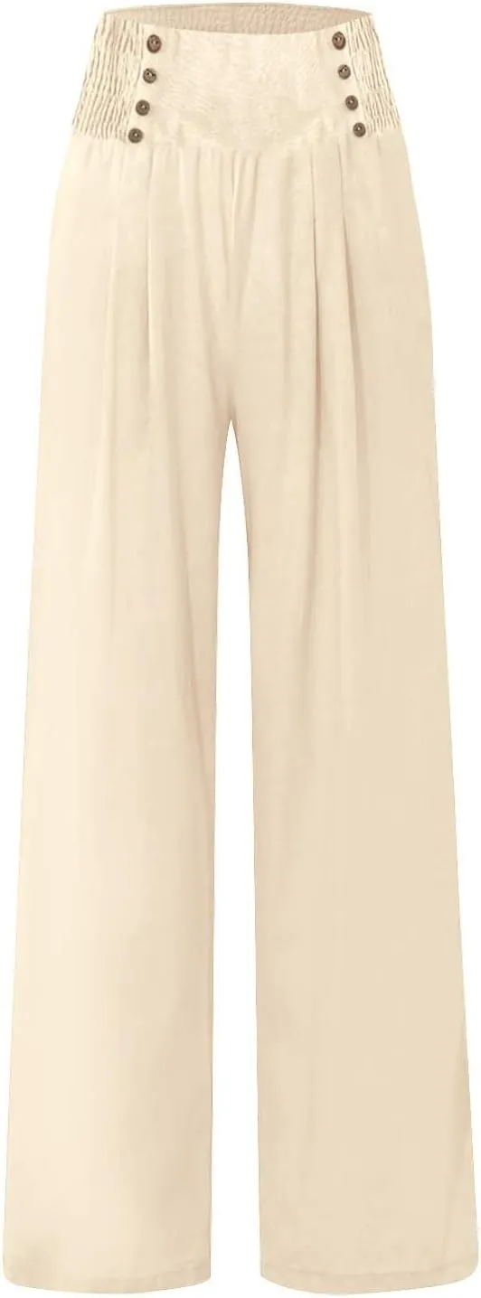Cropped Linen Pants Women Versatile Summer Solid Wide Leg Trousers with Pockets High Waist Casual Cute Capris Long Pants