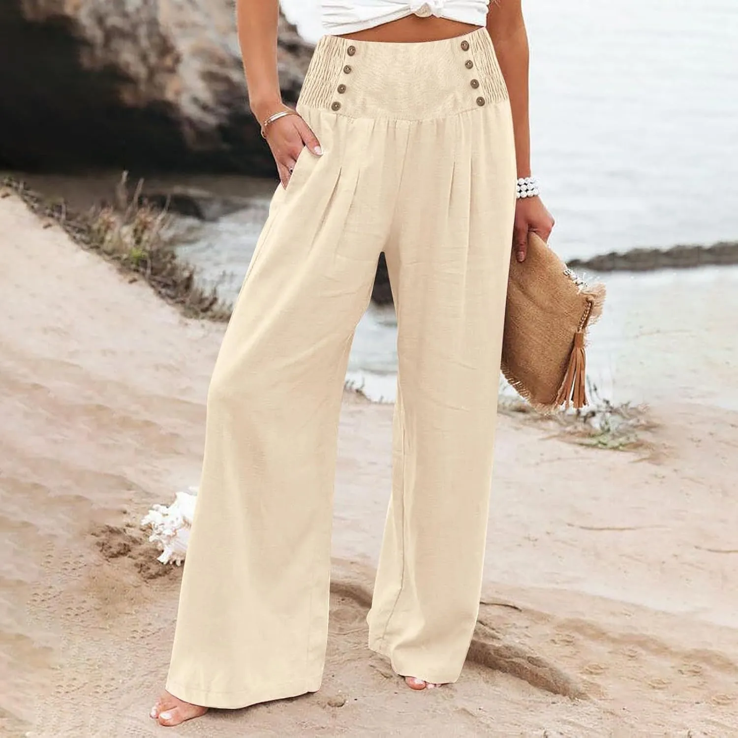 Cropped Linen Pants Women Versatile Summer Solid Wide Leg Trousers with Pockets High Waist Casual Cute Capris Long Pants