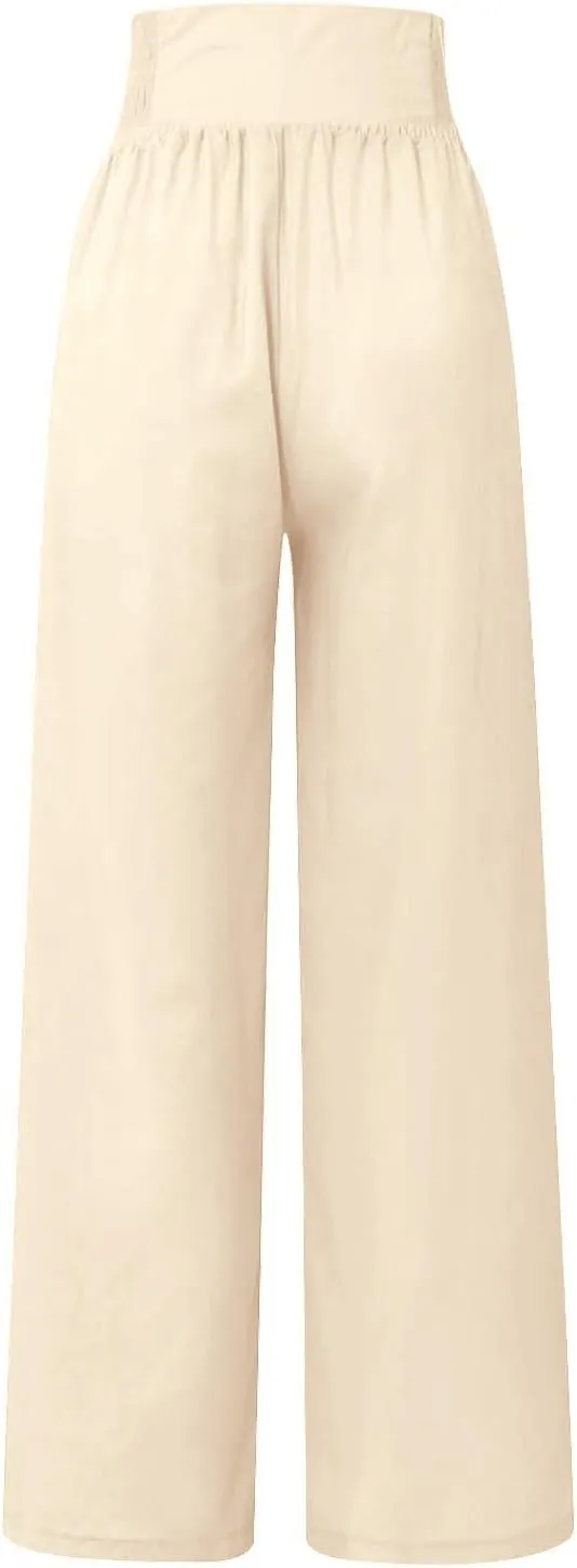 Cropped Linen Pants Women Versatile Summer Solid Wide Leg Trousers with Pockets High Waist Casual Cute Capris Long Pants