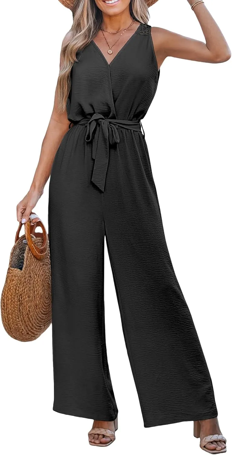 CUPSHE Women's Sleeveless V Neck Wrap Tie Front Eyelet Dressy Work Summer Wide Leg Beach Vacation Jumpsuits