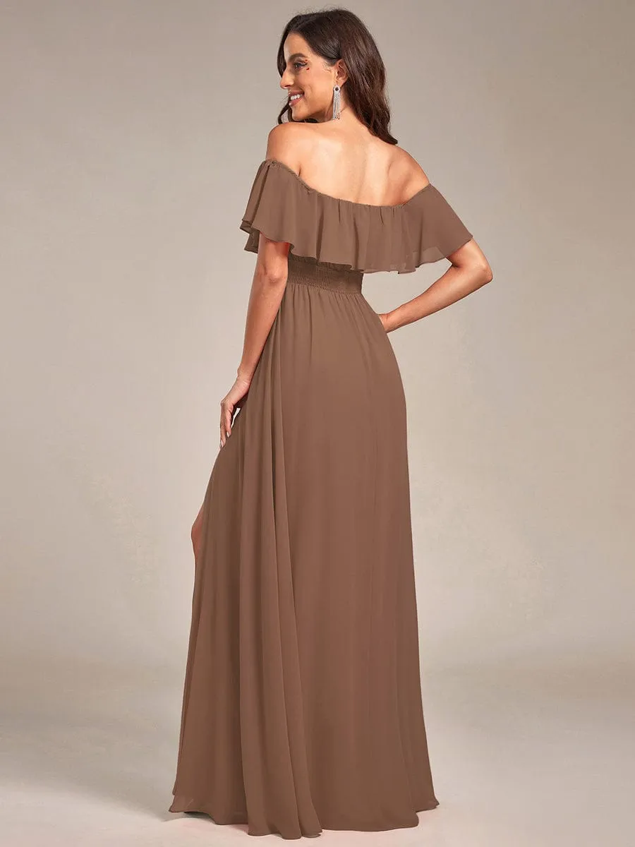 Custom Size Chiffon Ruffle Off Shoulder Thigh Slit Bridesmaid Dresses