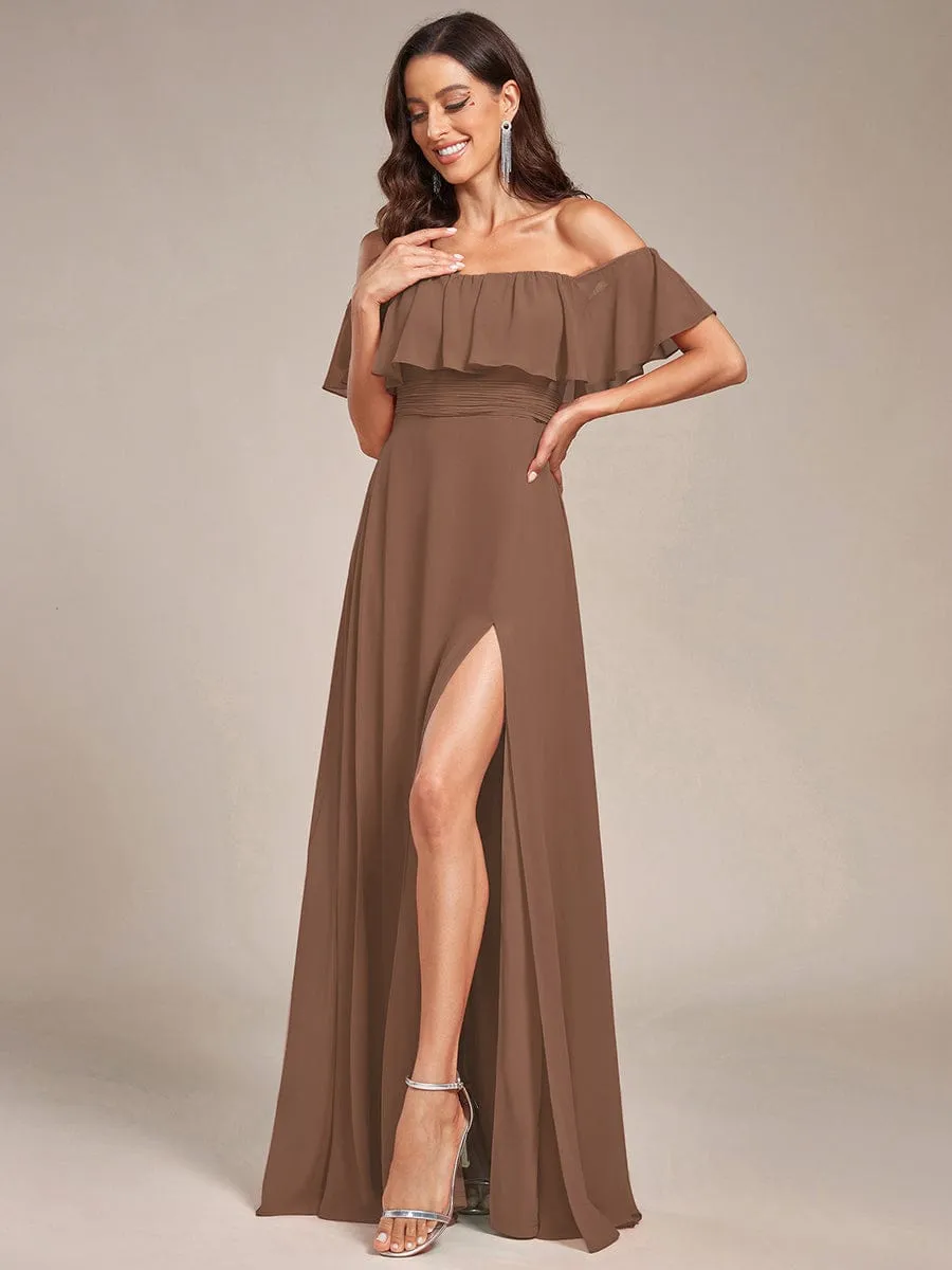 Custom Size Chiffon Ruffle Off Shoulder Thigh Slit Bridesmaid Dresses