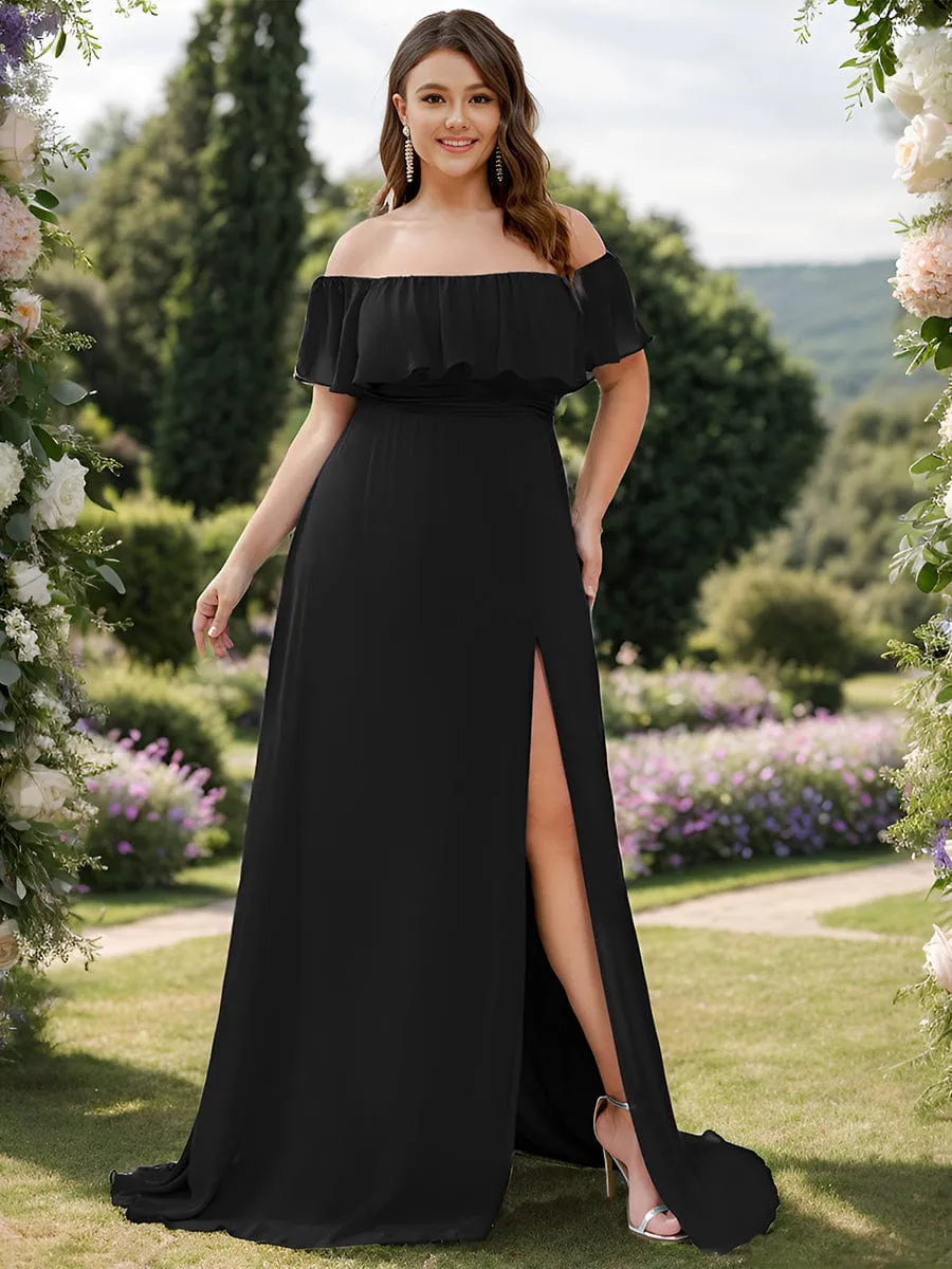 Custom Size Chiffon Ruffle Off Shoulder Thigh Slit Bridesmaid Dresses